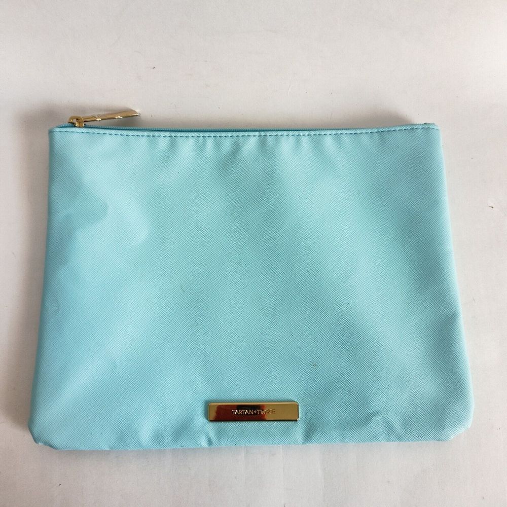 Tartan Twine Minimalist Powder Blue Makeup Toiletry Travel Bag Zip Lined 11"x9"